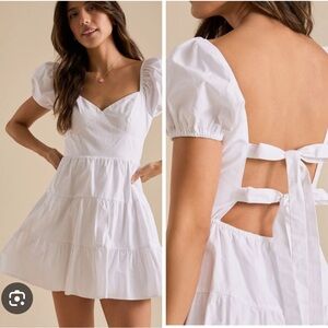 Altar'd State White Backless Dress with Puff Sleeves
